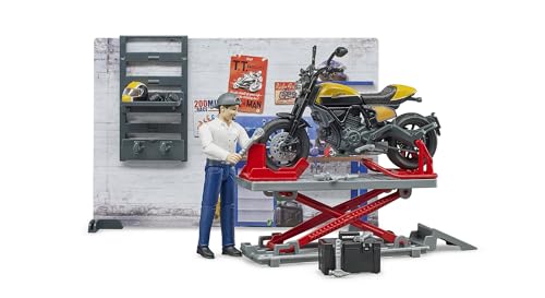 bruder 62102 - Bworld Motorradwerkstatt Scrambler Ducati Full Throttle mit Mechaniker - 1:16 Reparatur-Werkstatt Spielzeug-Figur Set Fahrzeug Motorrad von bruder