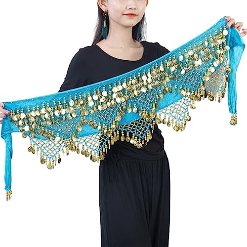 budiniao Bauchtanz Taillenkette zum Aufhängen, dreireihig, Pailletten, Münze, Hüfttuch, modische Kostüme, Requisiten, Kleidung für indische Frauen, Blau von budiniao