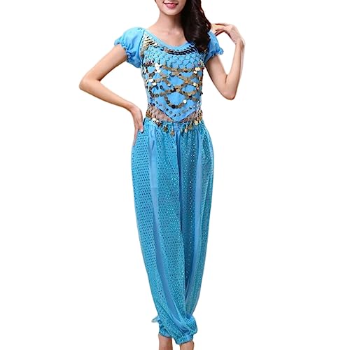 budiniao Indische Bauchtanzhose Tanzendes Top Kostümset Sexy Erwachsener Ärmelanzug Mode Bauchtanz Kleidung Tanzkleidung, Blauer See, XL von budiniao