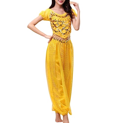 budiniao Indische Bauchtanzhose Tanzendes Top Kostümset Sexy Erwachsener Ärmelanzug Mode Bauchtanz Kleidung Tanzkleidung, Gelb, Freie Größe von budiniao