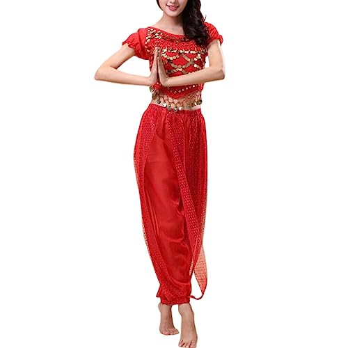 budiniao Indische Bauchtanzhose Tanzendes Top Kostümset Sexy Erwachsener Ärmelanzug Mode Bauchtanz Kleidung Tanzkleidung, Rot, Freie Größe von budiniao