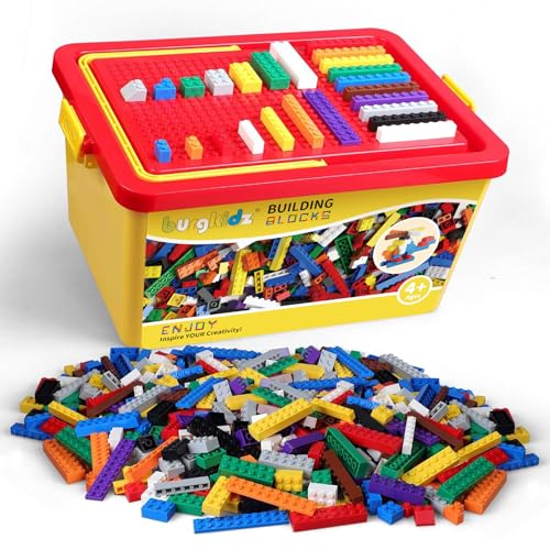 burgkidz Bauklötze 1020-teiliges Bauspielzeug Set für Kinder, 1000 Grundbaustein in 10 Klassischen Farben umfassen Räder, Türen, Fenster, BAU Konstruktionsspielzeug in Aufbewahrungsbox für 4-8 Jahre von burgkidz
