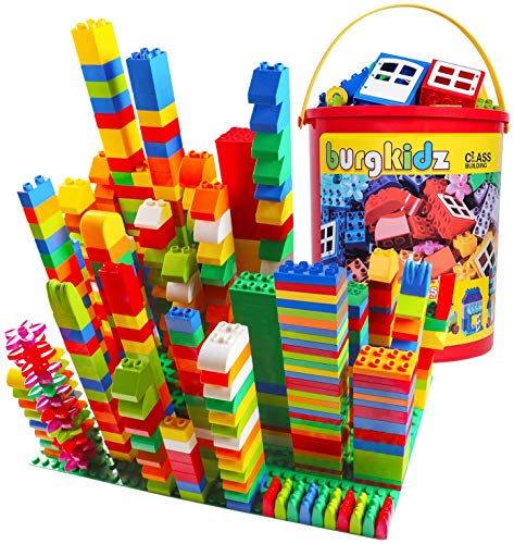 burgkidz Classic Große Bausteine Lernspielzeug in Starkem Plastikeimer, 214 Stück Bauklötze Hochbau Ziegel Bunte Spielzeug Spiel für Kleinkind Jungen Mädchen, Grundfarben von burgkidz