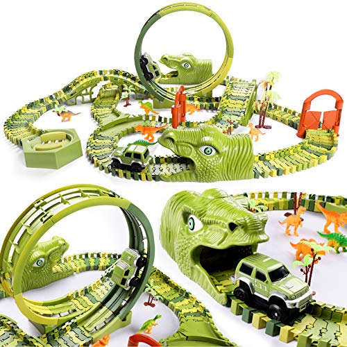 burgkidz Dinosaurier Rennstrecken Spielen Fahrzeuge Spielzeug Set, 387 Stück Flexible Dinos Bahngleise mit 360 Loop und Auto Turntable Spielset, 2 Rennwagen, Geschenk für Kinder ab 3 Jahren von burgkidz