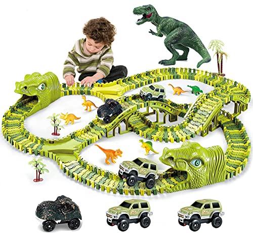 burgkidz Dinosaurier Spielzeug Schienen, 260 Stück Dinosaurier Weltrennstrecken Spielset mit 3 Triebwagen und 7 Dinosaurierspielzeugen, Stengel pädagogisches Geschenk für Kinder ab 3 Jahren von burgkidz
