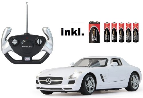 busduga RC Mercedes Benz SLS AMG 1:14 - ferngesteuert, weiß oder rot - inkl. Allen Batterien -RTR -LED-Licht -komplett Set -Lizenz-NACHBAU (weiß) von busduga