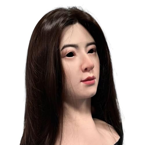 Realistische weibliche Kopfmaske aus Silikon mit Perücke, handgefertigte Vollgesichts-Make-up-Maske für Crossdresser, Cosplay und Halloween, ultrarealistische menschliche Gesichtsmaske für Erwachsene von buyzg
