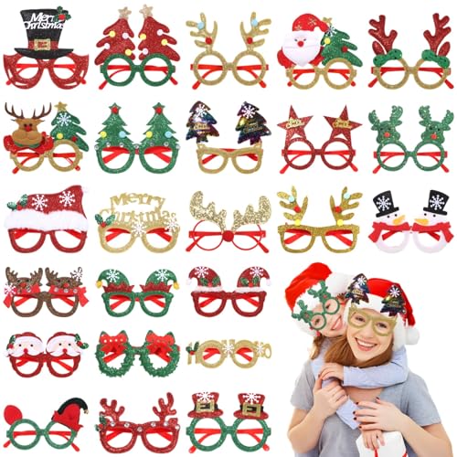 24 Paar Weihnachts-Glitzer-Brillen, Urlaubsbrillen-Zubehör mit Weihnachtsmann, Rentier, Schneemann, Baum, Geweih von byepica