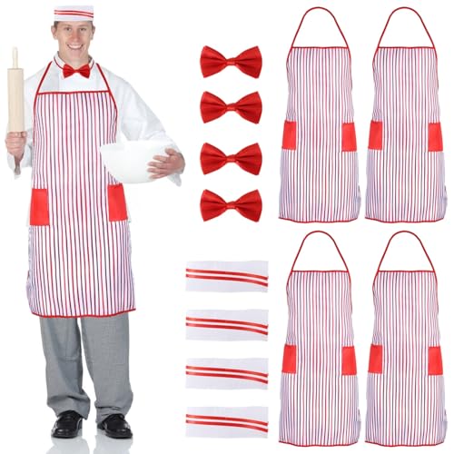 byepica Damen Karneval Kellner Kostüm Kit 1950er Jahre Gestreifte Schürze Set mit roter Fliege Kochmütze 4-teiliges Bundle byepica Damen Karneval Kellner Kostüm Kit 1950er Jahre Gestreifte Schürze Set mit roter Fliege Kochmütze 4-teiliges Bundle von byepica