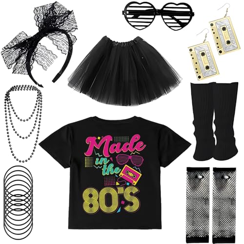 20-teiliges 1980er-Jahre-Kostüm- und Zubehör-Set, 1980er-Jahre-Party, Retro-Kleidungszubehör, T-Shirt bedruckt mit 1980er-Elementen, passend zu Halskette, Fischnetzhandschuhen usw. für von cadelon