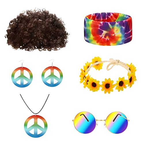 6-teiliges Hippie-Kostüm-Set, 60er/70er/80er-Jahre-Retro-Hippie-Kostüm-Zubehör, einschließlich 70er-Jahre-Perücken für Herren, Sonnenbrille, zwei Haar-Accessoires, Ohrringe und Halsketten mit 6-teiliges Hippie-Kostüm-Set, 60er/70er/80er-Jahre-Retro-Hippie-Kostüm-Zubehör, einschließlich 70er-Jahre-Perücken für Herren, Sonnenbrille, zwei Haar-Accessoires, Ohrringe und Halsketten mit von cadelon