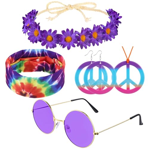 Hippie-Kostüm-Set, 5-teiliges Hippie-Kostüm-Zubehör, Friedenssymbol-Halskette und Ohrringe, Hippie-Brille, Sonnenblumen-Haarband und Stirnband, Hippie-Party-Zubehör für Männer und Frauen (lila) von cadelon