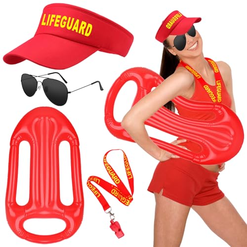 cadelon 4-teiliges Rettungsschwimmer-Kostüm-Zubehör, Rettungsschwimmer Verkleidung mit rotem Rettungsschwimmer Hut, Sonnenbrille, Pfeife, roter Rettungsschwimmer Float, Strand-Kostüm-Set für cadelon 4-teiliges Rettungsschwimmer-Kostüm-Zubehör, Rettungsschwimmer Verkleidung mit rotem Rettungsschwimmer Hut, Sonnenbrille, Pfeife, roter Rettungsschwimmer Float, Strand-Kostüm-Set für von cadelon