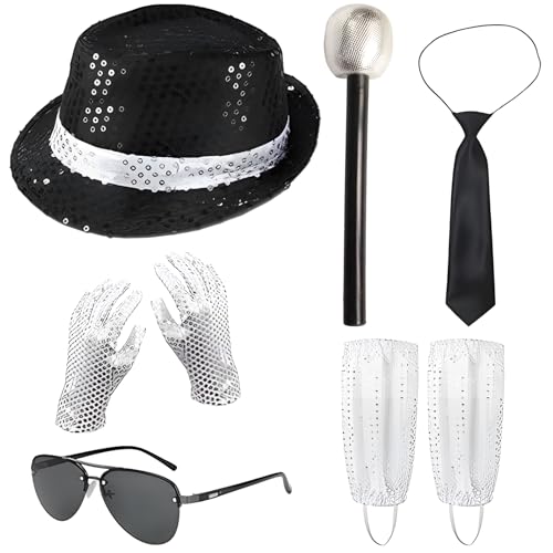cadelon 8-teiliges Kostüm-Set mit Paillettenhut + Mikrofon + schwarzer Krawatte + Brille + 1 Paar Paillettenhandschuhe + 1 Paar silberne Socken für Tänzerin Rocker Star Cosplay Party Dress Up cadelon 8-teiliges Kostüm-Set mit Paillettenhut + Mikrofon + schwarzer Krawatte + Brille + 1 Paar Paillettenhandschuhe + 1 Paar silberne Socken für Tänzerin Rocker Star Cosplay Party Dress Up von cadelon