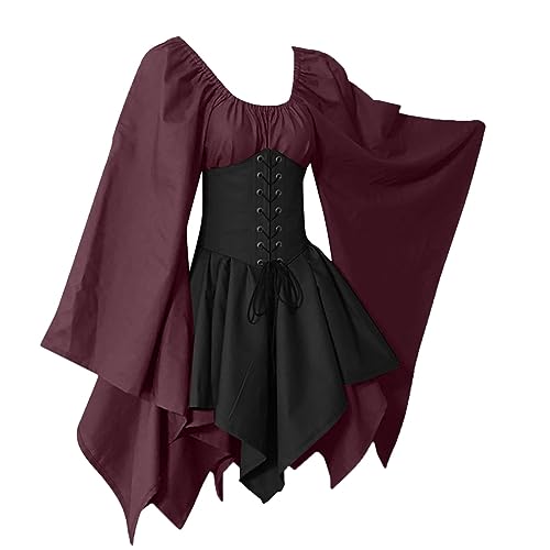 Damen Halloween Kleid mit Trompetenärmel Gothic Retro Kleid Cosplay Kostüm Damen Festliches Langarm Fledermaus Kleid Fledermaus Ärmel Traditionelles Kleid Mittelalterliche Kleid von callmo