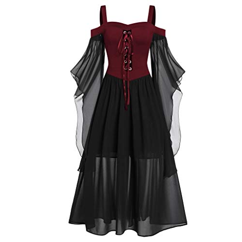 Gothic Halloween Kleid Kostüm Damen Übergröße A-Linie Schnüren Maxi Kleider mit Schmetterlingsärmeln für Frauen Karneval Festliches Vintage Schwarz Hexenkleid Cosplay Club Party Kostüme Renaissance von callmo