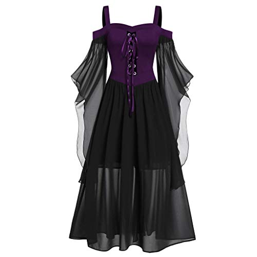 Gothic Halloween Kleid Kostüm Damen Übergröße A-Linie Schnüren Maxi Kleider mit Schmetterlingsärmeln für Frauen Karneval Festliches Vintage Schwarz Hexenkleid Cosplay Club Party Kostüme Renaissance von callmo