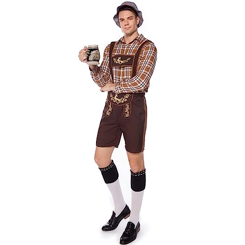 callmo Oktoberfest Herren Outfit, Herren Deutsch Bayern Oktoberfest Kostüm Set mit Abnehmbarem Lätzchenträger,Karierten Hemden, Bayerischen Filzhüte FaschingskostüMe von callmo