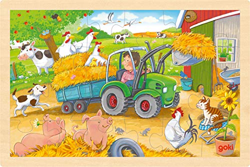 Puzzle aus Holz Einlegepuzzle Kleiner Traktor goki 24 Teile Bauernhof Holzpuzzle mit Palandi® Sticker von cama24com