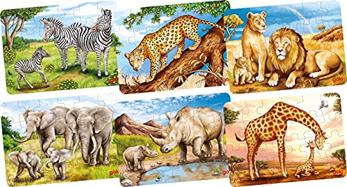 Mini-Puzzle aus Holz mit Safari Tiermotiven 6 Stück von goki Mitgebsel für den Kindergeburtstag mit Palandi® Sticker von cama24com