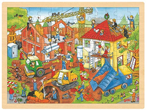 Puzzle aus Holz Einlegepuzzle Baustelle goki 96 Teile Holzpuzzle mit Palandi® Sticker von cama24com