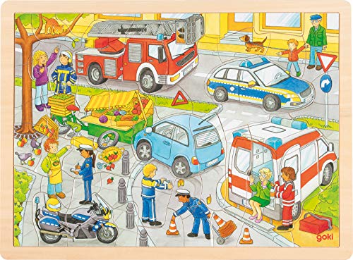Puzzle aus Holz Einlegepuzzle Polizeieinsatz goki 56 Teile Holzpuzzle mit Palandi® Sticker von cama24com