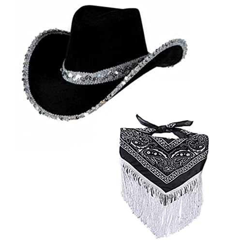 caoxhenr Bling Strass Cowboyhut mit Bandana Set für Männer Frauen Breite Krempe Western Cowgirl Hut Party Kostüm Zubehör von caoxhenr