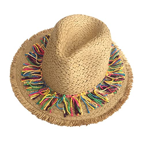 caoxhenr Mexikanischer Sombrero-Hut, breite Krempe, Strand-Sonnenstrohhut mit bunter Quaste, Sombrero-Hut, mexikanischer Sternenhut, Strohhut von caoxhenr