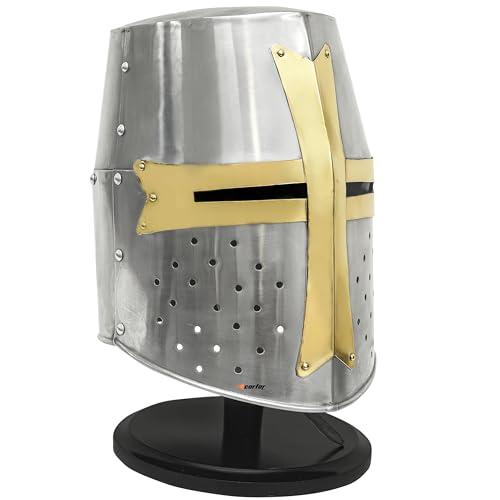 Mittelalterlicher Kreuzritterhelm, 18-Gauge, Stahl, toll mit Messing-Kreuz, tragbarer Ritterhelm für LARP, Cosplay, Nachstellung, Sammlerstück, Rüstungsdisplay mit Ständer Mittelalterlicher Kreuzritterhelm, 18-Gauge, Stahl, toll mit Messing-Kreuz, tragbarer Ritterhelm für LARP, Cosplay, Nachstellung, Sammlerstück, Rüstungsdisplay mit Ständer von carfar