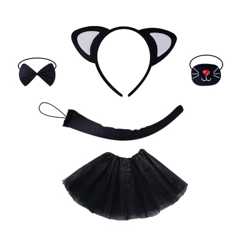 Katzenkostüm-Set, Netzrock, schöne Katzenohren, Haarreif, Katzenohren, Stirnband, Plüschschwanz, Fliege, Partyzubehör für Halloween von carotoe