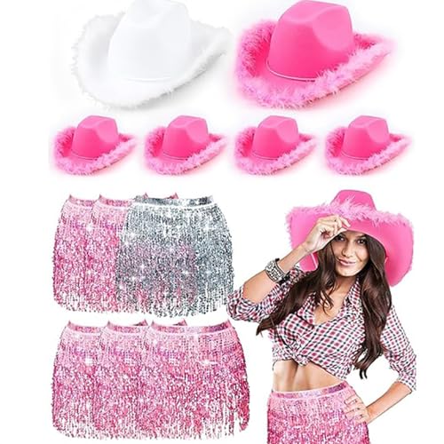 carotoe 6 Stück/Set Karneval Cowgirl Hut Braut Hochzeit Foto Kostüm Requisiten Outdoor Hochzeit Frau Mädchen Hut mit Pailletten Rock von carotoe