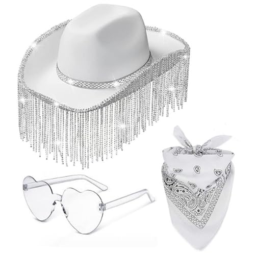 carotoe Damen-Sonnenbrille mit Herzen, Kopftuch und Cowboyhut, Set für Karneval, Outdoor, breite Krempe, Braut-Fedora-Hut für Fotoshootings carotoe Damen-Sonnenbrille mit Herzen, Kopftuch und Cowboyhut, Set für Karneval, Outdoor, breite Krempe, Braut-Fedora-Hut für Fotoshootings von carotoe