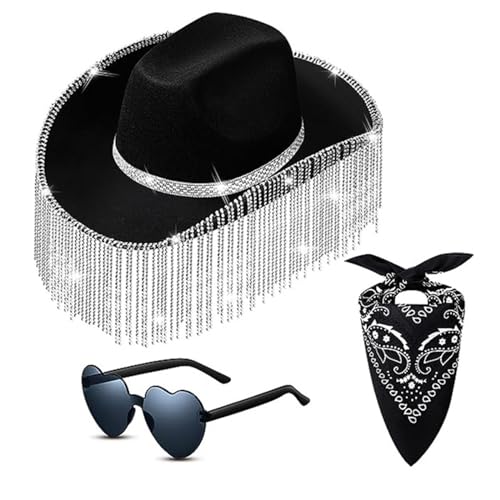 carotoe Damen-Sonnenbrille mit Herzen, Kopftuch und Cowboyhut, Set für Karneval, Outdoor, breite Krempe, Braut-Fedora-Hut für Fotoshootings carotoe Damen-Sonnenbrille mit Herzen, Kopftuch und Cowboyhut, Set für Karneval, Outdoor, breite Krempe, Braut-Fedora-Hut für Fotoshootings von carotoe