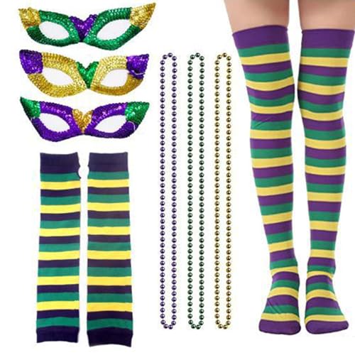 carotoe Lange gestreifte Socken für Karneval, Augenmaske, Stirnband, Schleifen, Halloween-Party, Geschenk, Karnevalskostüm-Zubehör von carotoe