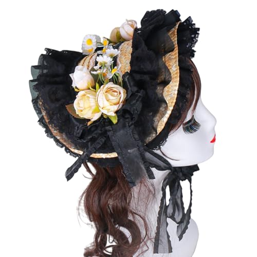 carotoe Viktorianischer Strohhut mit Spitze gerüschten Krempen und Rosenblüte für Damen, modisches Anime-Kostüm, Motorhaubenhut für besondere Anlässe von carotoe
