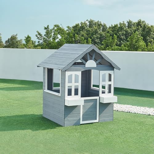casa.pro Kinderspielhaus Outdoor Vesa Holzhaus Gartenspielhaus aus Tannenholz 138 x 120 x 102 cm mit Tür, Fenstern und Tafel Grau von casa.pro