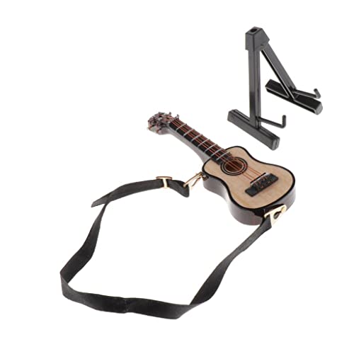 1/12 Puppenhaus Miniatur-Holzgitarre mit Ständer, 8 cm, Musikinstrument-Modell, handgefertigtes Puppenhaus-Zubehör von catgol