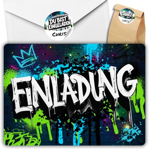 12x Graffiti Einladungskarten Nr.1 - Für den Kindergeburtstag von Jungen & Mädchen - Neon Graffiti Geburtstagseinladungen +12 Umschläge +24 Sticker +12 Geschenktüten 12x Graffiti Einladungskarten Nr.1 - Für den Kindergeburtstag von Jungen & Mädchen - Neon Graffiti Geburtstagseinladungen +12 Umschläge +24 Sticker +12 Geschenktüten von celebr8te