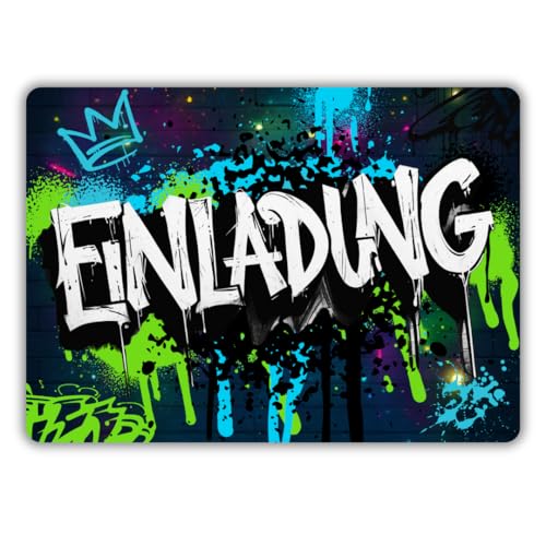 12x Graffiti Einladungskarten Nr.1 - Für den Kindergeburtstag von Jungen & Mädchen - Neon Graffiti Geburtstagseinladungen inkl. Messenger Bild & Urlaubsgutschein von celebr8te