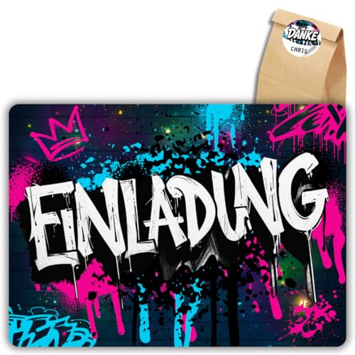 12x Graffiti Einladungskarten Nr.2 - Für den Kindergeburtstag von Jungen & Mädchen - Neon Graffiti Geburtstagseinladungen +12 Sticker +12 Geschenktüten 12x Graffiti Einladungskarten Nr.2 - Für den Kindergeburtstag von Jungen & Mädchen - Neon Graffiti Geburtstagseinladungen +12 Sticker +12 Geschenktüten von celebr8te