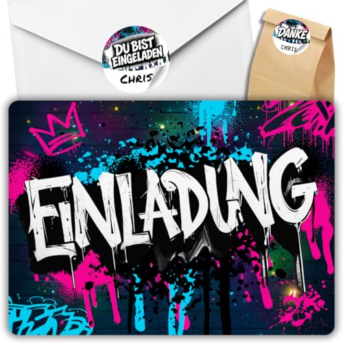 12x Graffiti Einladungskarten Nr.2 - Für den Kindergeburtstag von Jungen & Mädchen - Neon Graffiti Geburtstagseinladungen +12 Umschläge +24 Sticker +12 Geschenktüten 12x Graffiti Einladungskarten Nr.2 - Für den Kindergeburtstag von Jungen & Mädchen - Neon Graffiti Geburtstagseinladungen +12 Umschläge +24 Sticker +12 Geschenktüten von celebr8te