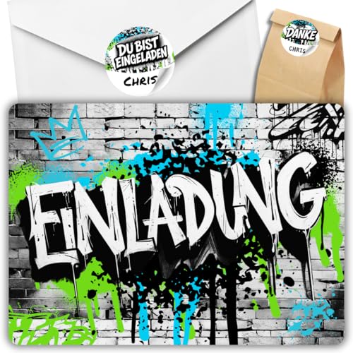 12x Graffiti Einladungskarten Nr.4 - Für den Kindergeburtstag von Jungen & Mädchen - Neon Graffiti Geburtstagseinladungen +12 Umschläge +24 Sticker +12 Geschenktüten 12x Graffiti Einladungskarten Nr.4 - Für den Kindergeburtstag von Jungen & Mädchen - Neon Graffiti Geburtstagseinladungen +12 Umschläge +24 Sticker +12 Geschenktüten von celebr8te