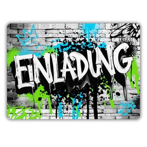 12x Graffiti Einladungskarten Nr.4 - Für den Kindergeburtstag von Jungen & Mädchen - Neon Graffiti Geburtstagseinladungen inkl. Messenger Bild & Urlaubsgutschein von celebr8te
