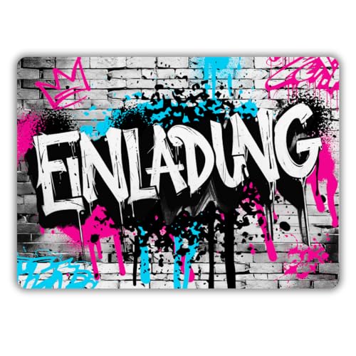12x Graffiti Einladungskarten Nr.5 - Für den Kindergeburtstag von Jungen & Mädchen - Neon Graffiti Geburtstagseinladungen inkl. Messenger Bild & Urlaubsgutschein von celebr8te