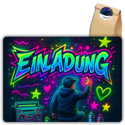 12x Graffiti Einladungskarten Nr.6 - Für den Kindergeburtstag von Jungen & Mädchen - Neon Graffiti Geburtstagseinladungen +12 Sticker +12 Geschenktüten 12x Graffiti Einladungskarten Nr.6 - Für den Kindergeburtstag von Jungen & Mädchen - Neon Graffiti Geburtstagseinladungen +12 Sticker +12 Geschenktüten von celebr8te