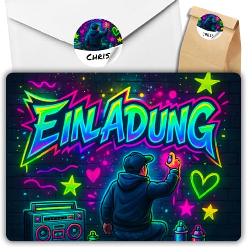 12x Graffiti Einladungskarten Nr.6- Für den Kindergeburtstag von Jungen & Mädchen - Neon Graffiti Geburtstagseinladungen +12 Umschläge +24 Sticker +12 Geschenktüten 12x Graffiti Einladungskarten Nr.6- Für den Kindergeburtstag von Jungen & Mädchen - Neon Graffiti Geburtstagseinladungen +12 Umschläge +24 Sticker +12 Geschenktüten von celebr8te