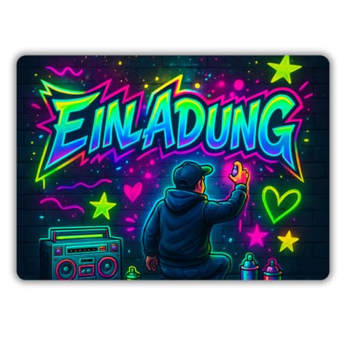 12x Graffiti Einladungskarten Nr.6 - Für den Kindergeburtstag von Jungen & Mädchen - Neon Graffiti Geburtstagseinladungen inkl. Messenger Bild & Urlaubsgutschein von celebr8te