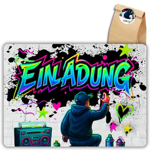 12x Graffiti Einladungskarten Nr.7 - Für den Kindergeburtstag von Jungen & Mädchen - Neon Graffiti Geburtstagseinladungen +12 Sticker +12 Geschenktüten 12x Graffiti Einladungskarten Nr.7 - Für den Kindergeburtstag von Jungen & Mädchen - Neon Graffiti Geburtstagseinladungen +12 Sticker +12 Geschenktüten von celebr8te