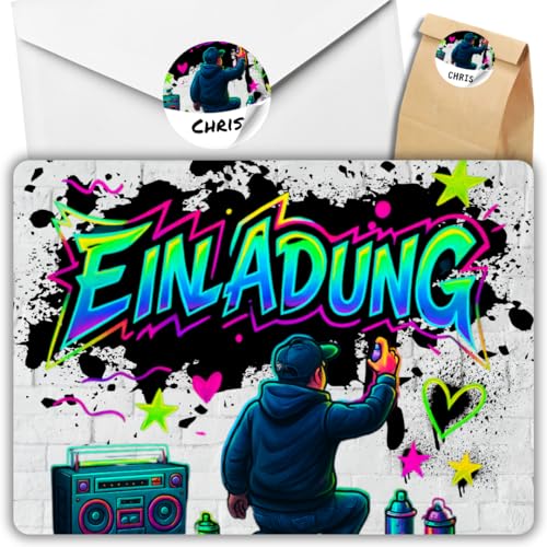 12x Graffiti Einladungskarten Nr.7 - Für den Kindergeburtstag von Jungen & Mädchen - Neon Graffiti Geburtstagseinladungen +12 Umschläge +24 Sticker +12 Geschenktüten 12x Graffiti Einladungskarten Nr.7 - Für den Kindergeburtstag von Jungen & Mädchen - Neon Graffiti Geburtstagseinladungen +12 Umschläge +24 Sticker +12 Geschenktüten von celebr8te