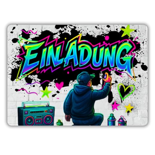 12x Graffiti Einladungskarten Nr.7 - Für den Kindergeburtstag von Jungen & Mädchen - Neon Graffiti Geburtstagseinladungen inkl. Messenger Bild & Urlaubsgutschein von celebr8te